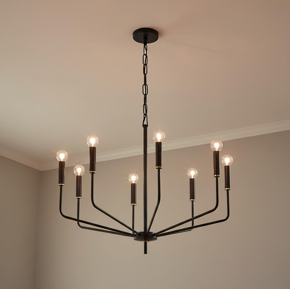 Hollis 8 Light Chandelier 30", Soft Black with Brass Accents