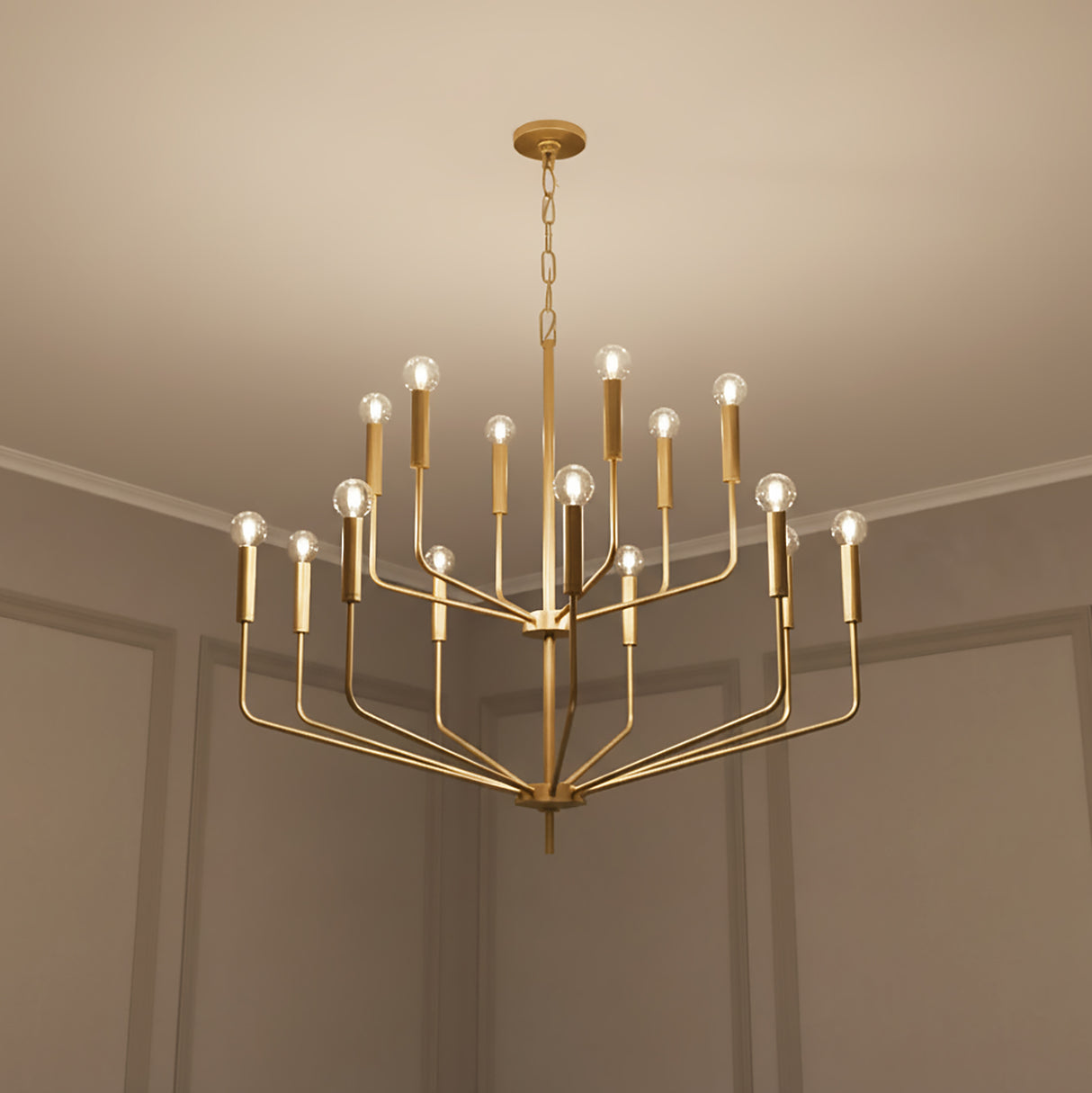 Hollis 15 Light Two-Tier Chandelier 36", Aged Brass for Modern home with Gray Walls