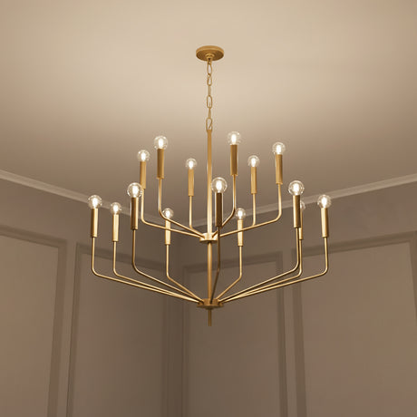 Hollis 15 Light Two-Tier Chandelier 36", Aged Brass for Modern home with Gray Walls