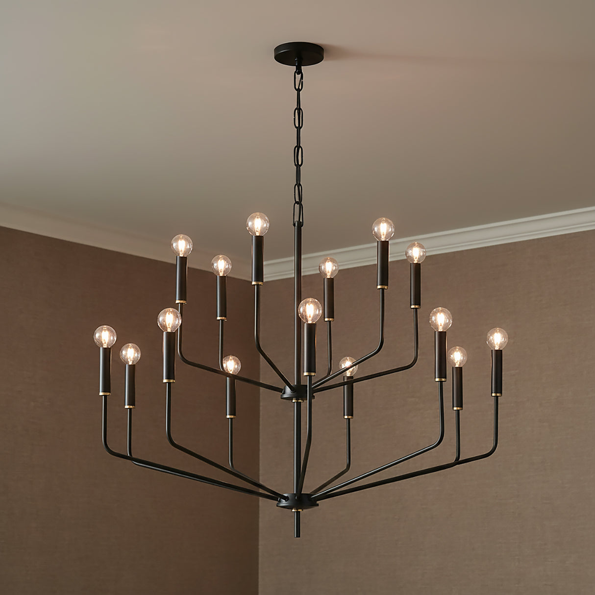 Hollis 15 Light Two-Tier Chandelier 36" for Modern home with Brown wallpaper