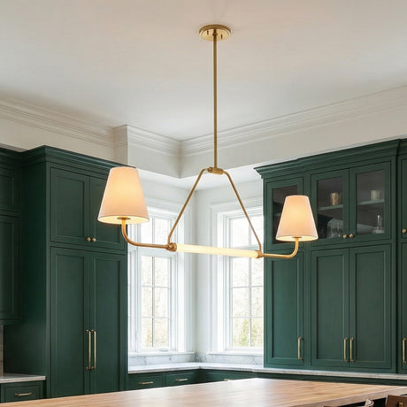Milton 2 Shade Linear Pendant 48", Aged Brass and Soft White linear Pendant in a Transitional Kitchen with green cabinets & wooden island.