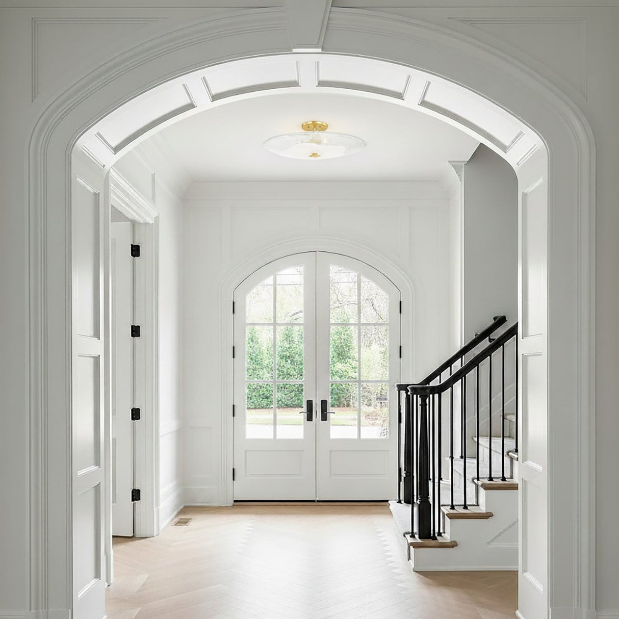 Lacy Semi-Flush 24" Aged Brass with Piastra Glass for Transitional home with White Siding