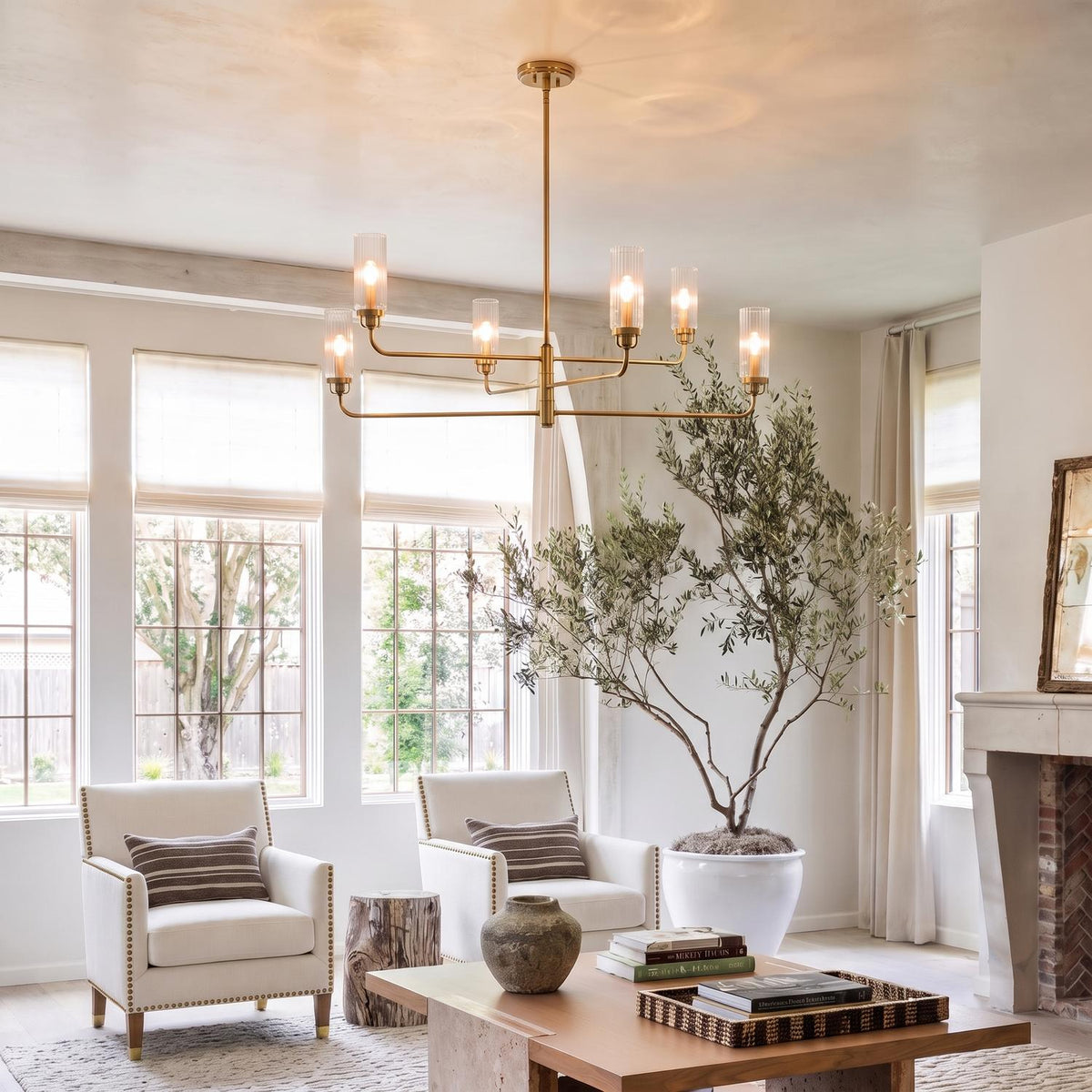 A transitional living room with an aged brass Mercer 6 Light Chandelier with ribbed glass shades over white armchairs and a large potted olive tree.