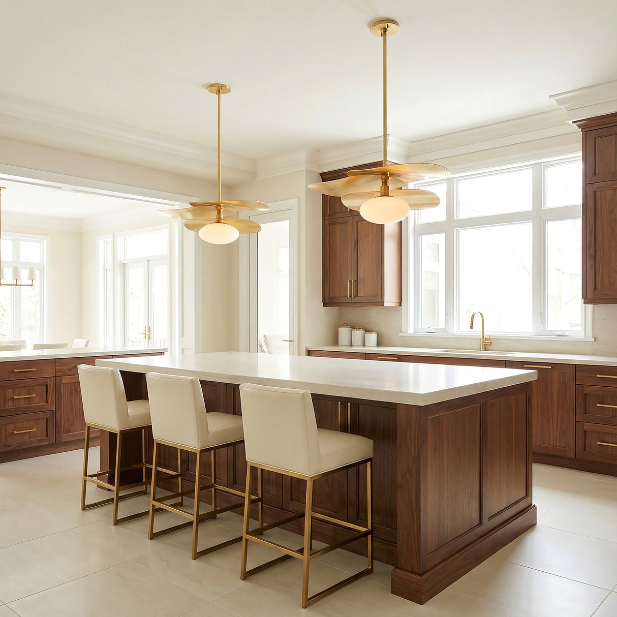 Lyra Pendant 30, Gold Leaf with Opal Glass for Modern home with Warm Beige Tile