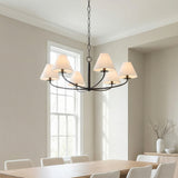 Morgan 6 Light Chandelier 40", Old Bronze geometric chandelier in a Transitional Dining Room with a light wood dining table.