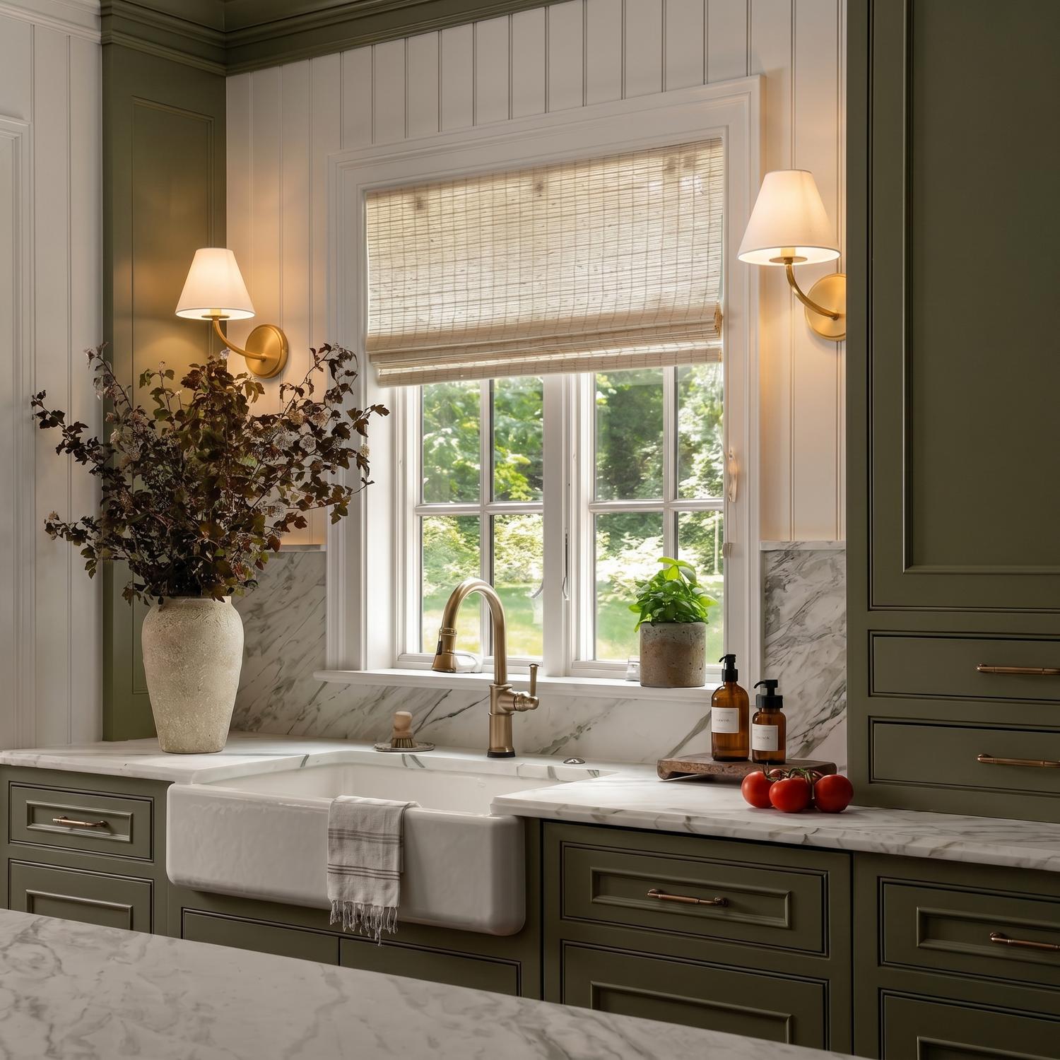 A modern farmhouse kitchen featuring two Morgan Wall Sconce 11