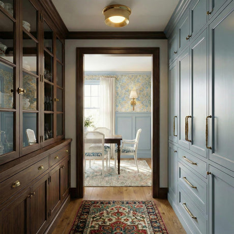 Jonah LED Flush Mount 14", Aged Brass geometric flush mount in a Transitional Hallway with blue cabinetry and a patterned rug.