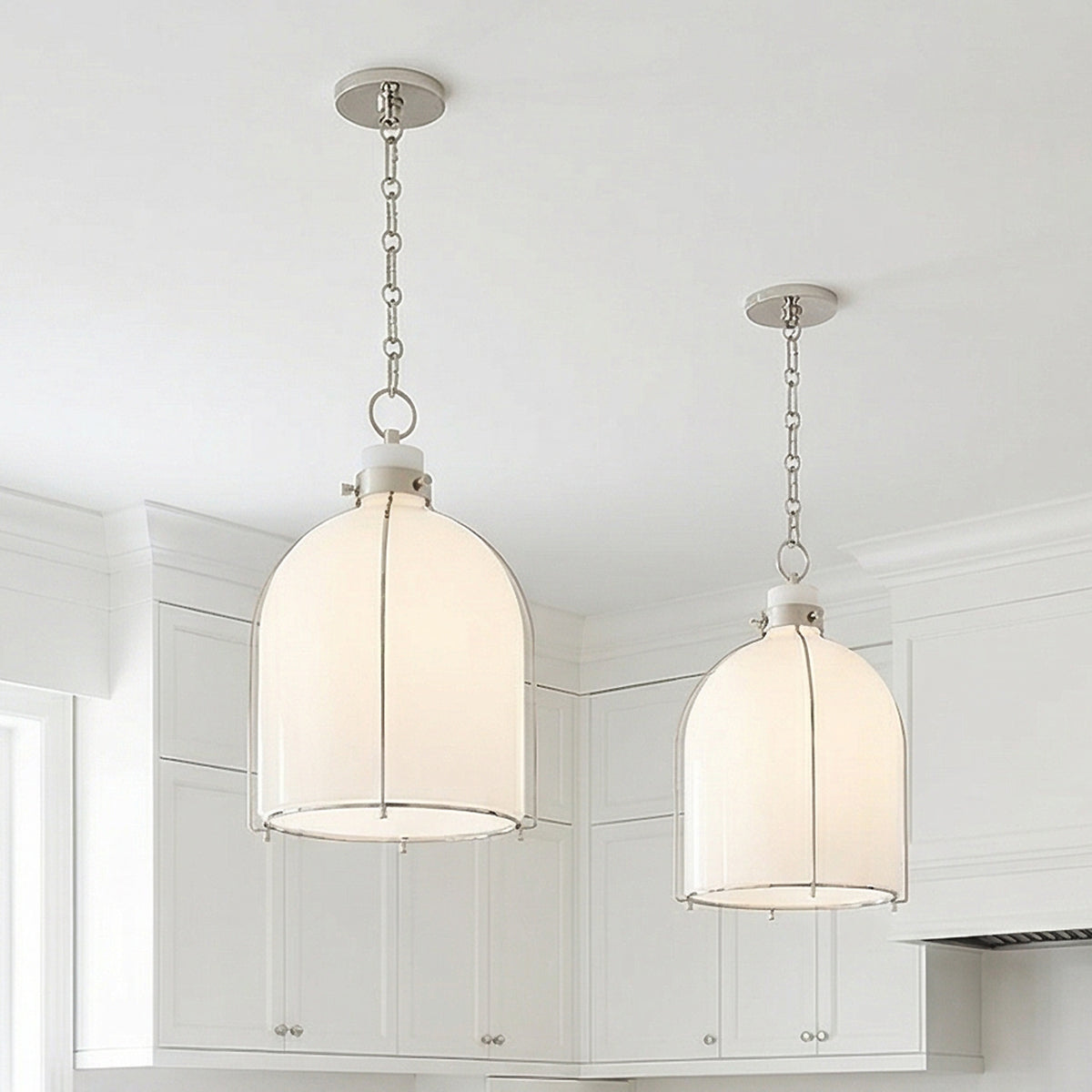 Lana Pendant 14, Polished Nickel and Opal Glass for Modern Farmhouse home with White Painted Wood