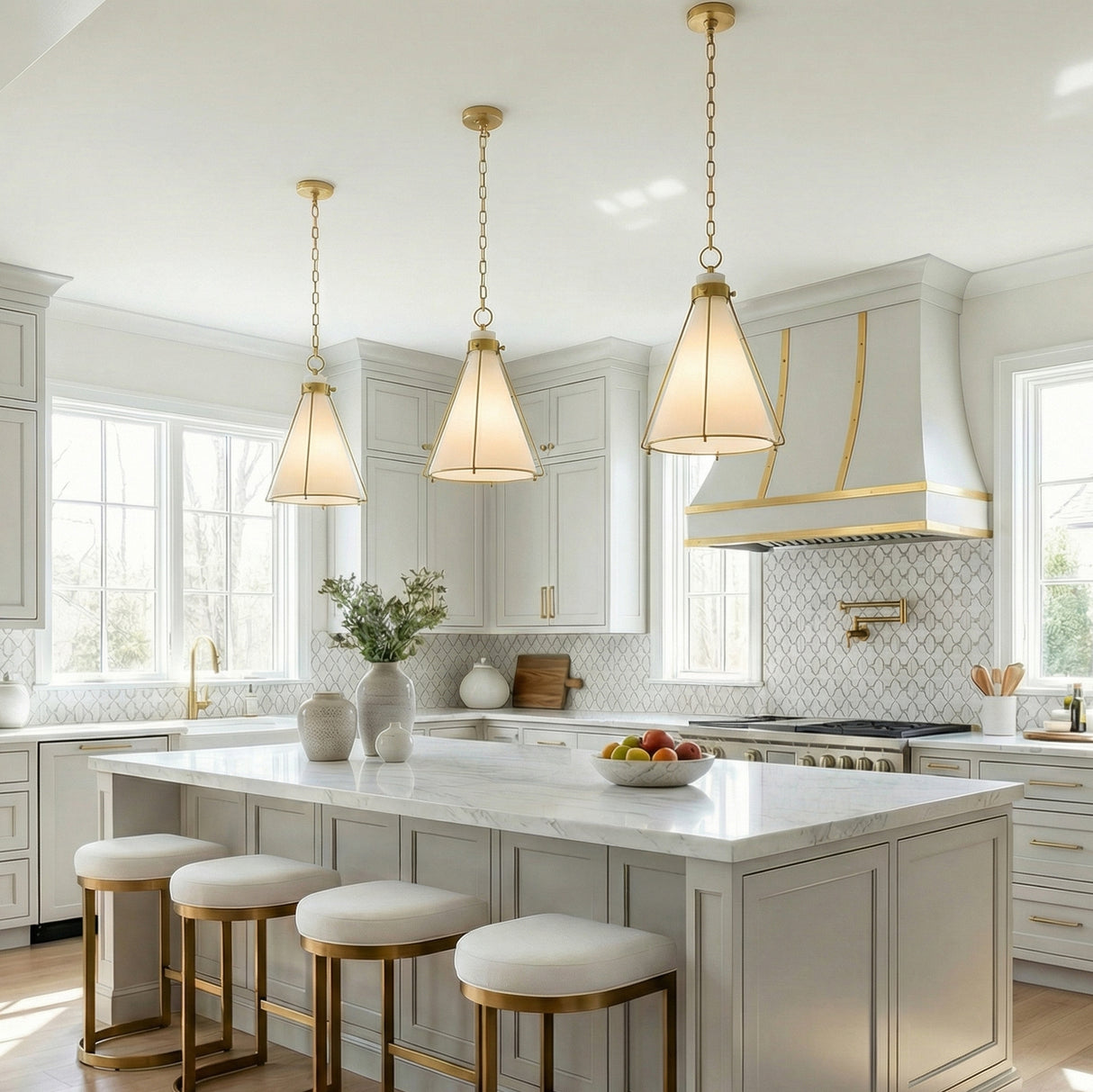 Brass and Cream geometric pendant in a Transitional Kitchen with a white marble island.