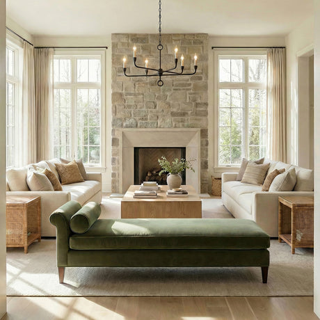 Adalyn 6 Light Chandelier 31", Antique Iron linear Chandelier in a Modern Farmhouse Living Room with a green velvet chaise.
