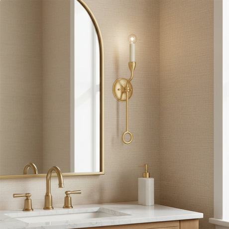 Adalyn Wall Sconce 21" in powder room with arched mirror and beige grasscloth wallpaper