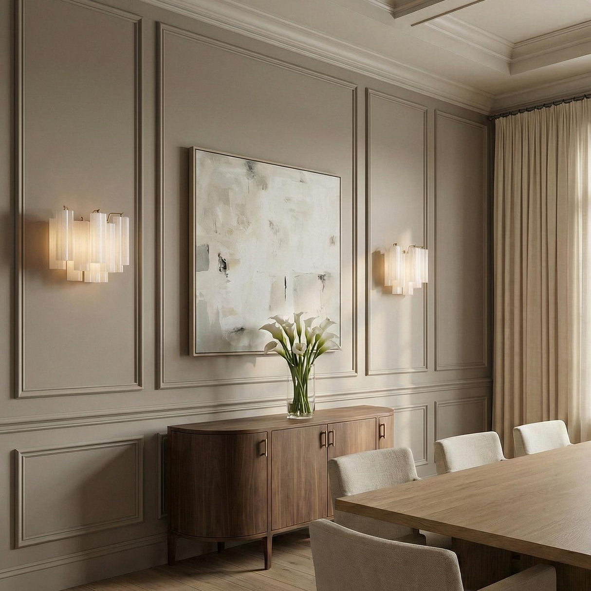 Linear Brass with White Glass linear Wall Sconce in a Transitional Dining Room with a walnut sideboard and wainscoted walls.