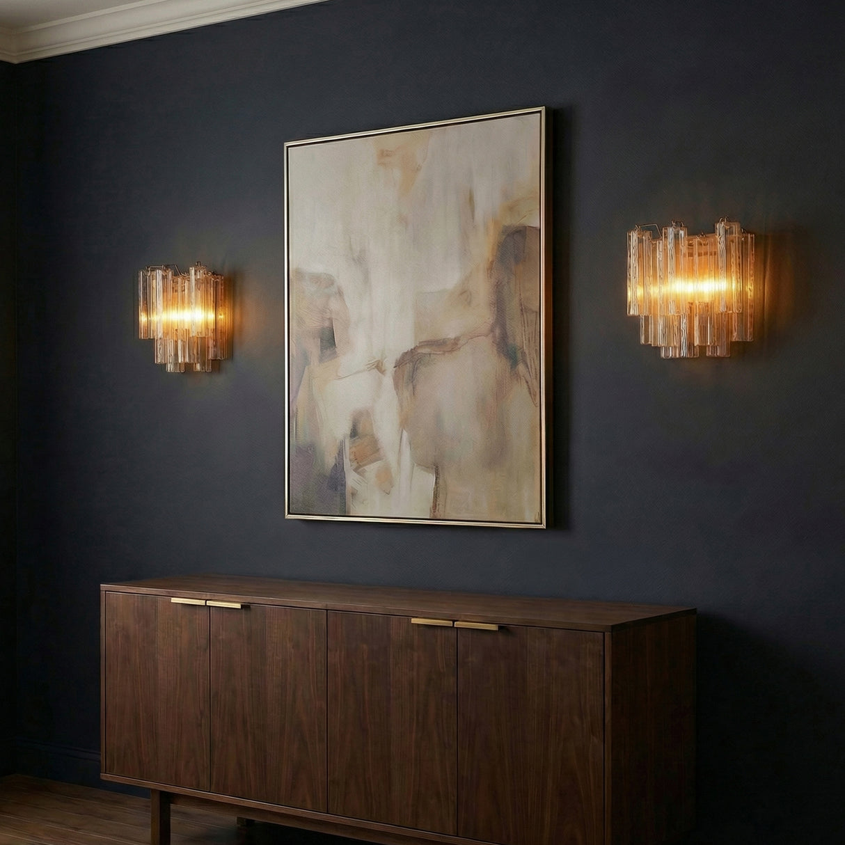 Grace Wall Sconce 14", Brass with Topaz Glass geometric wall sconce in a Mid-Century Living Room with a walnut sideboard.