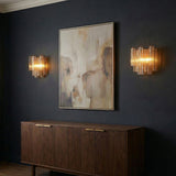 Grace Wall Sconce 14", Brass with Topaz Glass geometric wall sconce in a Mid-Century Living Room with a walnut sideboard.