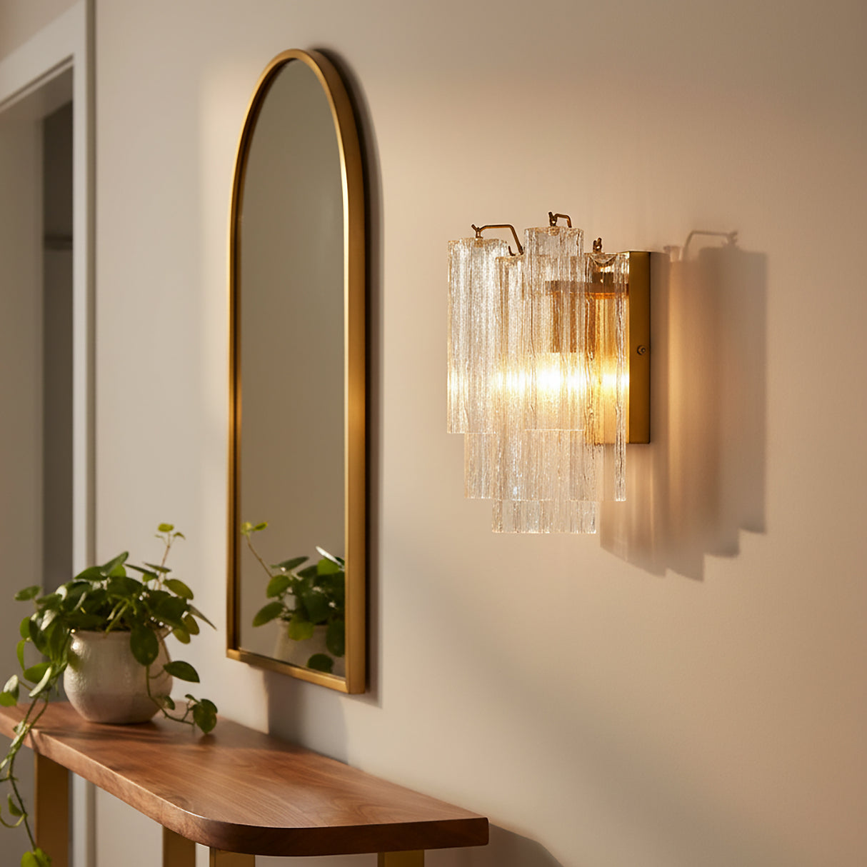 Grace Wall Sconce 14", Brass with Clear Glass for Modern home with Warm Beige Walls