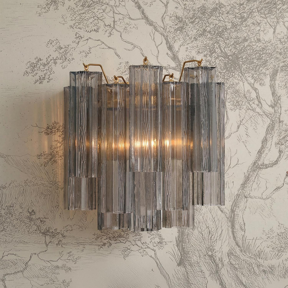 Grace Wall Sconce 14", Brass with Smoke Glass geometric Wall Sconce in a Contemporary Entryway with tree etched wallpaper.
