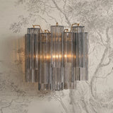Grace Wall Sconce 14", Brass with Smoke Glass geometric Wall Sconce in a Contemporary Entryway with tree etched wallpaper.