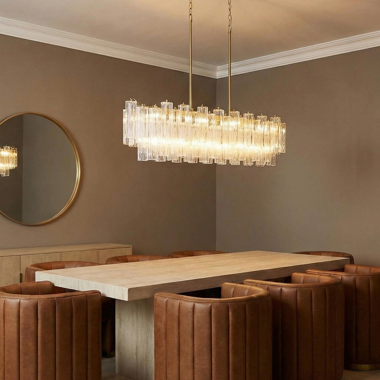 Grace Linear Chandelier 52", Brass and Clear Glass linear chandelier in a Contemporary Dining Room with cognac leather chairs.