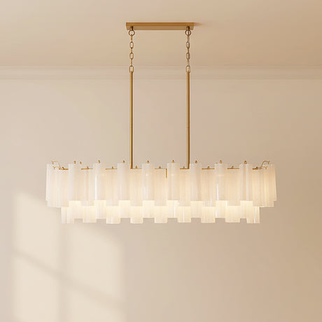Grace Linear Chandelier 52", Brass with White Glass for Modern home with Warm Beige Walls