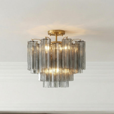 Grace Semi-Flush 18", Brass with Smoke Glass linear Flush Mount in a Contemporary Hallway with white crown molding.