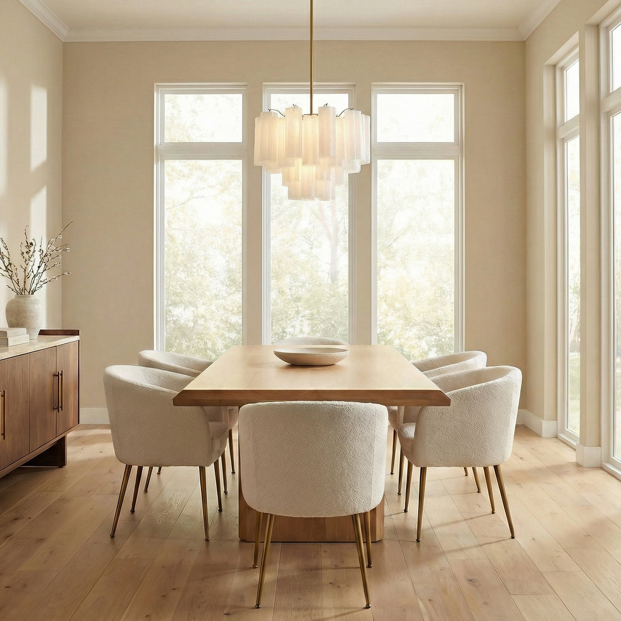 Grace 6 Light Chandelier 20", Brass with White Glass scalloped Chandelier in a Contemporary Dining Room with a light oak table.