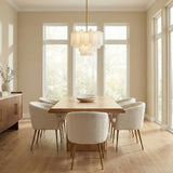 Grace 6 Light Chandelier 20", Brass with White Glass scalloped Chandelier in a Contemporary Dining Room with a light oak table.