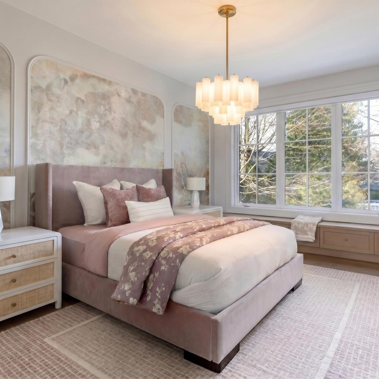 A contemporary bedroom with the Grace 9 Light Chandelier 22", Brass with White Glass over a mauve velvet bed, featuring abstract wallpaper panels and rattan nightstands.