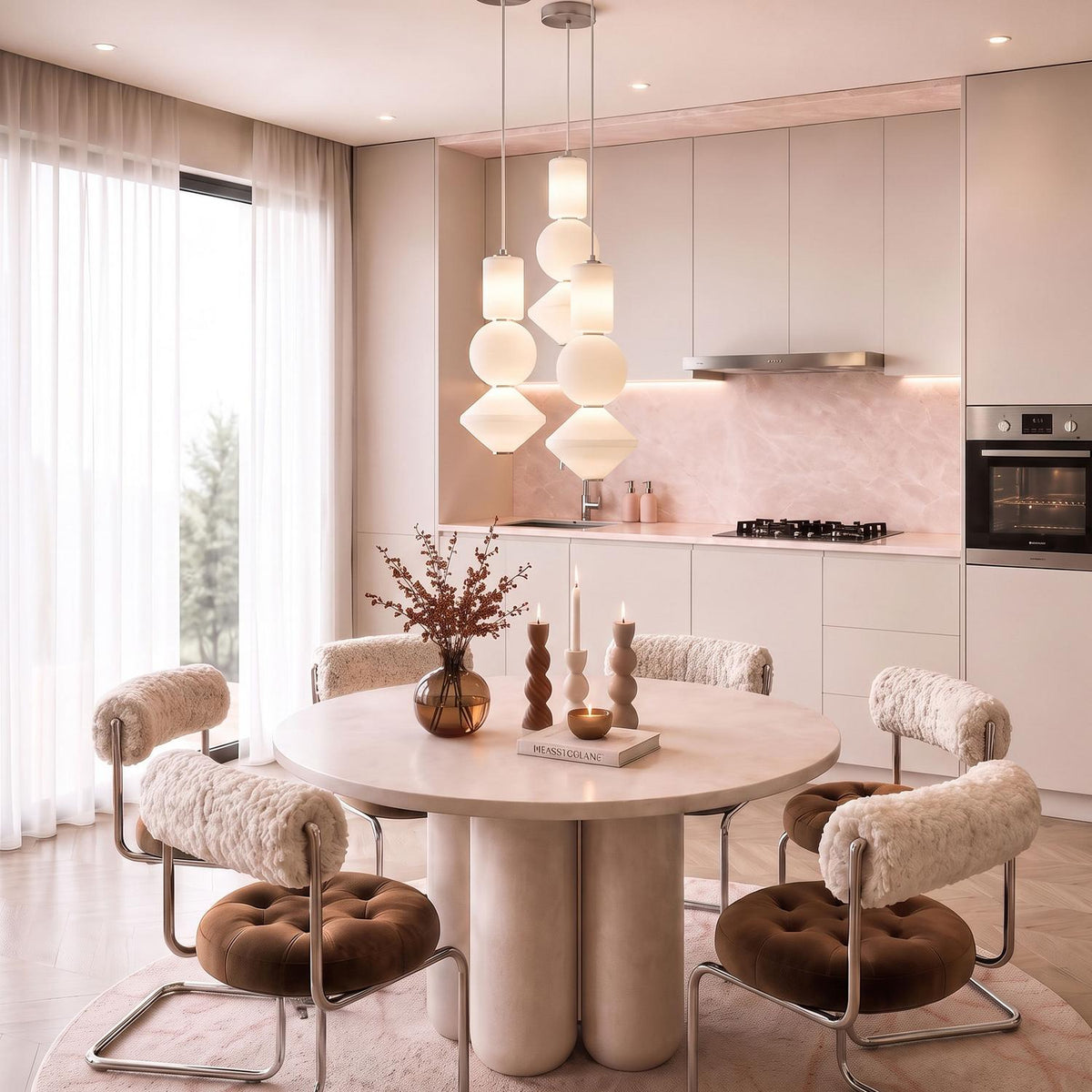 A contemporary dining area features Shai LED Pendant 8", Brushed Nickel and Opal Glass lights suspended above a round stone table with shearling chairs.