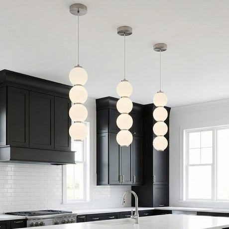 Shai LED Pendant 5, Brushed Nickel and Opal Glass for Modern home with Black Cabinetry
