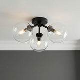 Gurt 3 Light Semi-Flush 18", Matte Black globe Flush Mount in a Contemporary Hallway with white crown molding and gray walls.
