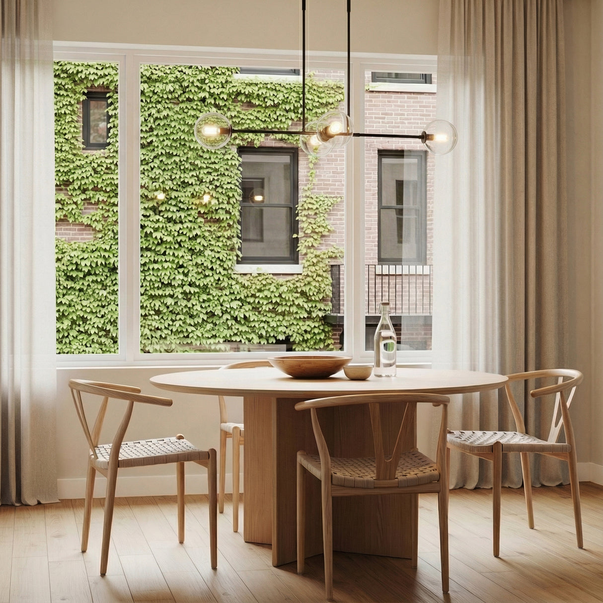 Gurt 4 Light Linear Pendant 48", Matte Black linear Pendant in a Modern Dining Room with round oak table and woven chairs.