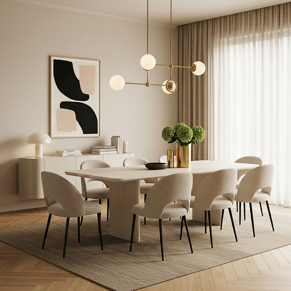 Tristen 4 Light Chandelier 42" in a Modern Dining Room with light wood floors and textured rug.