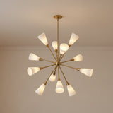 Aurora Chandelier 39, Brushed Brass and Ribbed Opal Glass for Modern home with Warm Beige walls