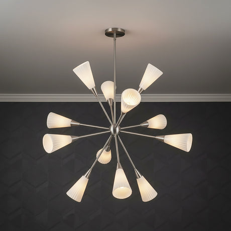 Aurora Chandelier 39, Brushed Nickel and Ribbed Opal Glass for Modern home with Dark Gray textured wall