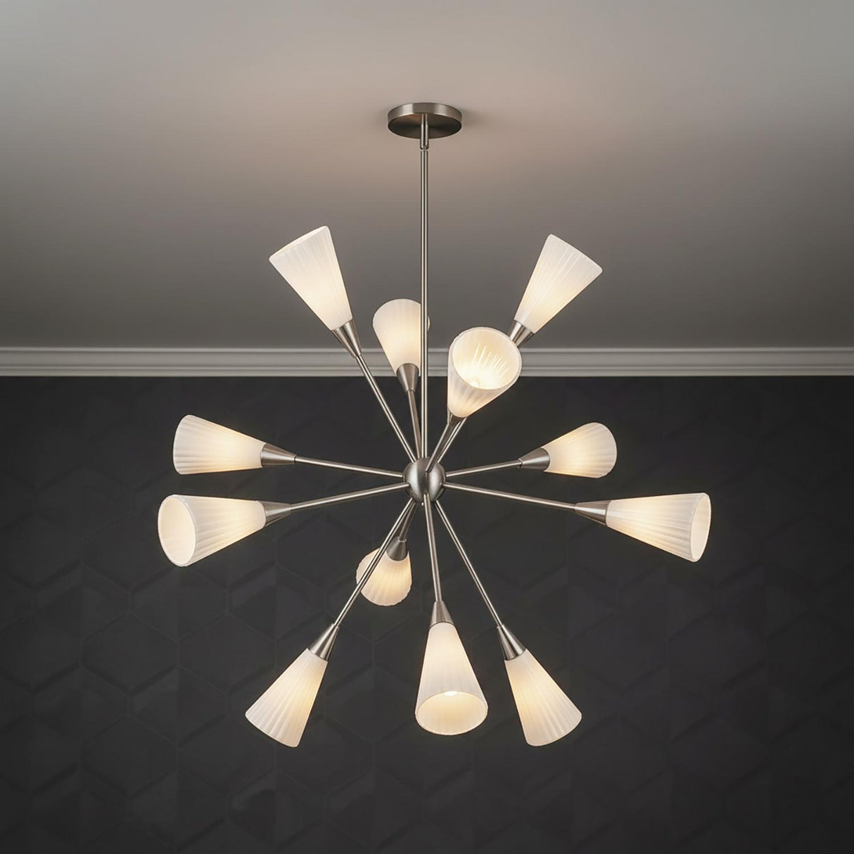 Aurora Chandelier 39", Brushed Nickel and Ribbed Opal Glass