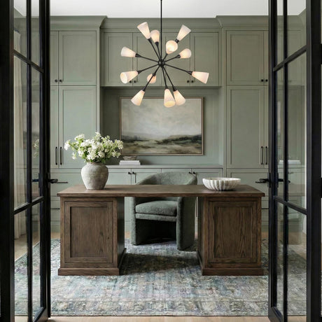 Modern Sputnik Matte Black and Ribbed White Glass geometric Chandelier in a Transitional Office with a dark wood desk and sage cabinetry.