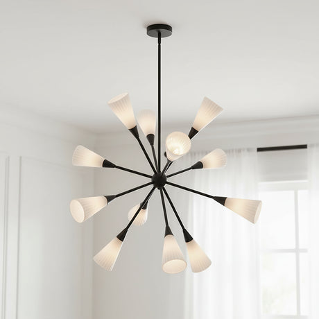 Aurora Chandelier 39, Matte Black and Ribbed Opal Glass for Modern home with White Walls