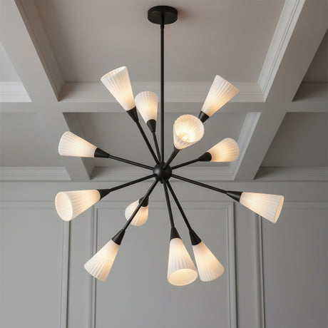 Aurora Chandelier 39, Matte Black and Ribbed Opal Glass for Modern home with Gray Walls