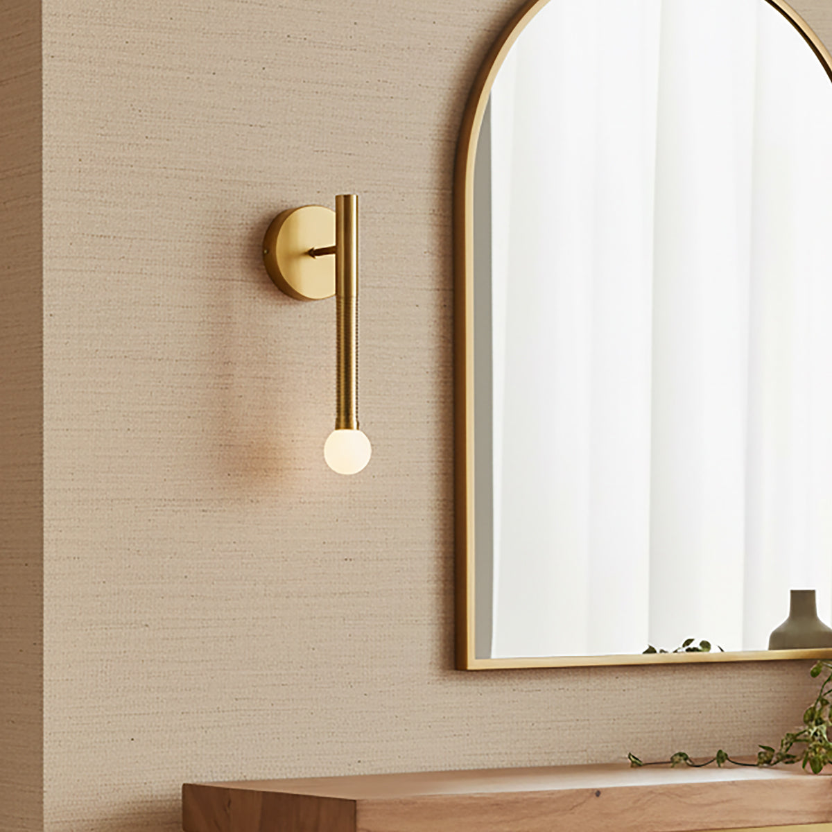 Shiloh 1 Light LED Wall Sconce 14", Brushed Brass for Modern home with Textured Beige Wallpaper