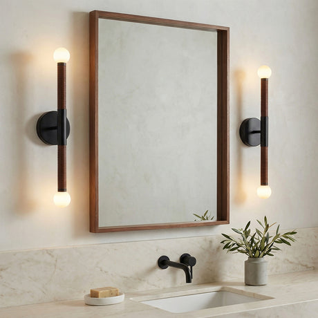 Shiloh 2 Light LED Wall Sconce 23", Matte Black and Walnut for Modern home with Warm Beige Walls