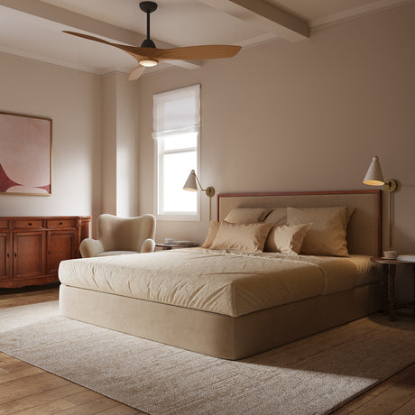 Cozy, large bedroom with the Sedona LED Ceiling Fan 60", Matte Black and Natural Wood shown, and Avin Adjustable Wall Sconces in white next to the bed.