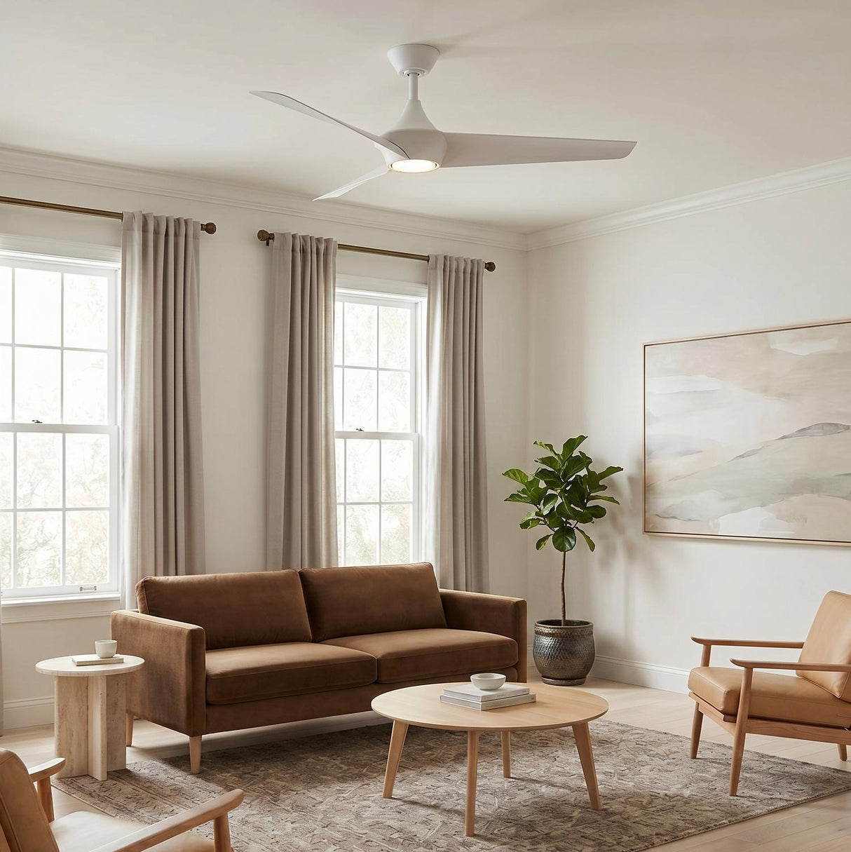 A contemporary living room with a white Dover LED Ceiling Fan 56" in a matte white finish along the ceiling center over a brown sofa and wood table.