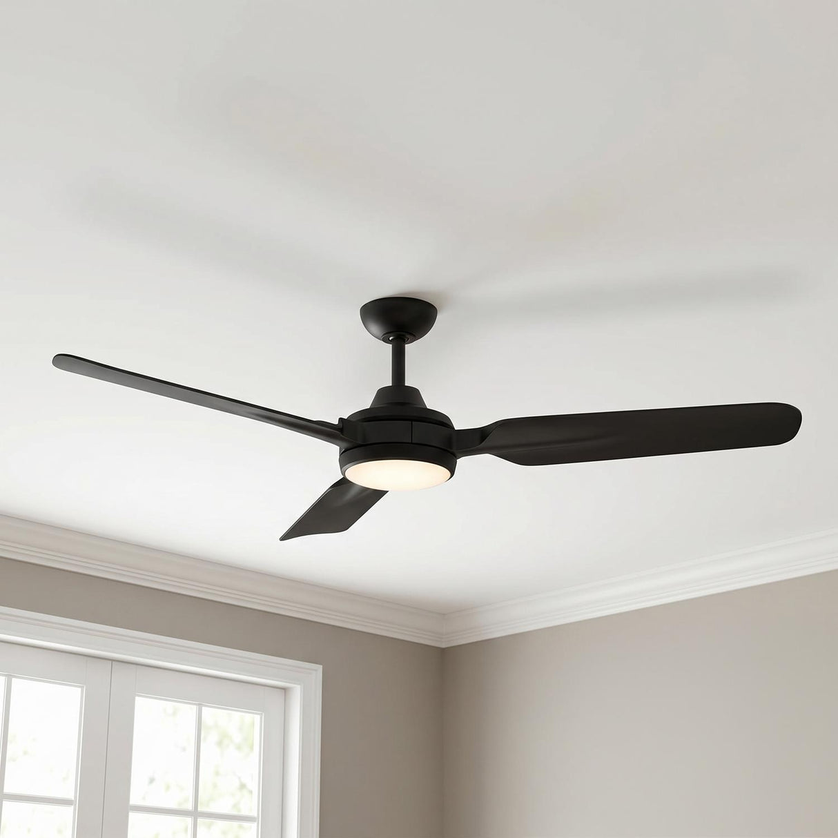 A modern living room featuring the Hobbs LED Ceiling Fan 60", Matte Black in matte black finish and frosted glass mounted centrally near decorative crown molding.