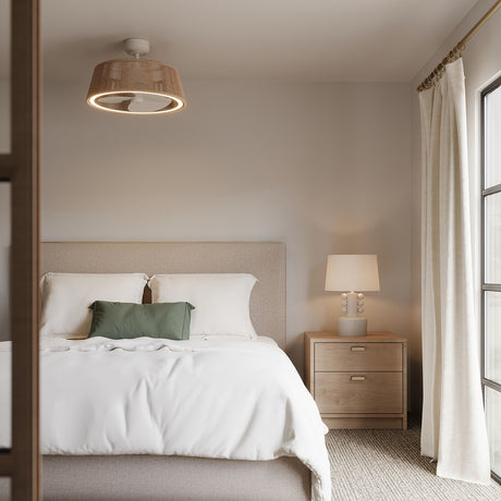 Elwood LED Smart Ceiling Fan 24", White with Braided Rope, shown in a Scandinavian styled room, with the Mia Ceramic Table Lamp on the bedside table.