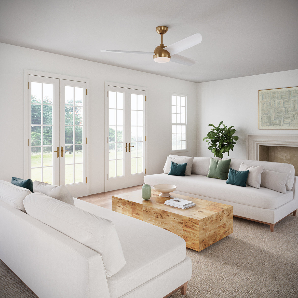Lorain LED Smart Ceiling Fan, in Brushed Brass and White, shown in a birght living room with white sofas and colorful accessories.