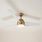 A modern living room with the Lorain LED Ceiling Fan, Brushed Brass and White with three white blades and a frosted glass lens along a flat white ceiling.
