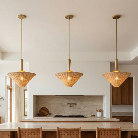 Sabina Pendant 16, Brushed Brass with Rattan Shade for Transitional home with White walls