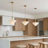 Sabina Pendant 16, Brushed Brass with Linen Shade for Modern home with Warm Wood Cabinetry