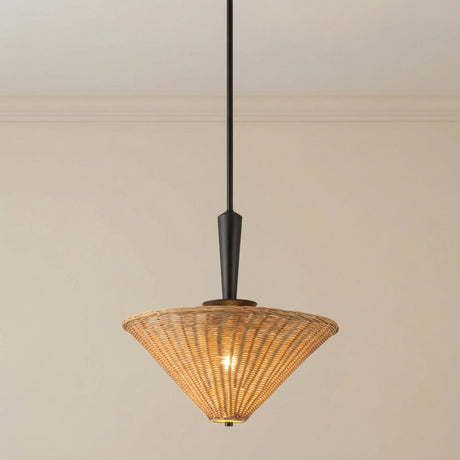 Matte Black and Rattan Shade woven pendant in a Transitional Living Room with light wood furniture.