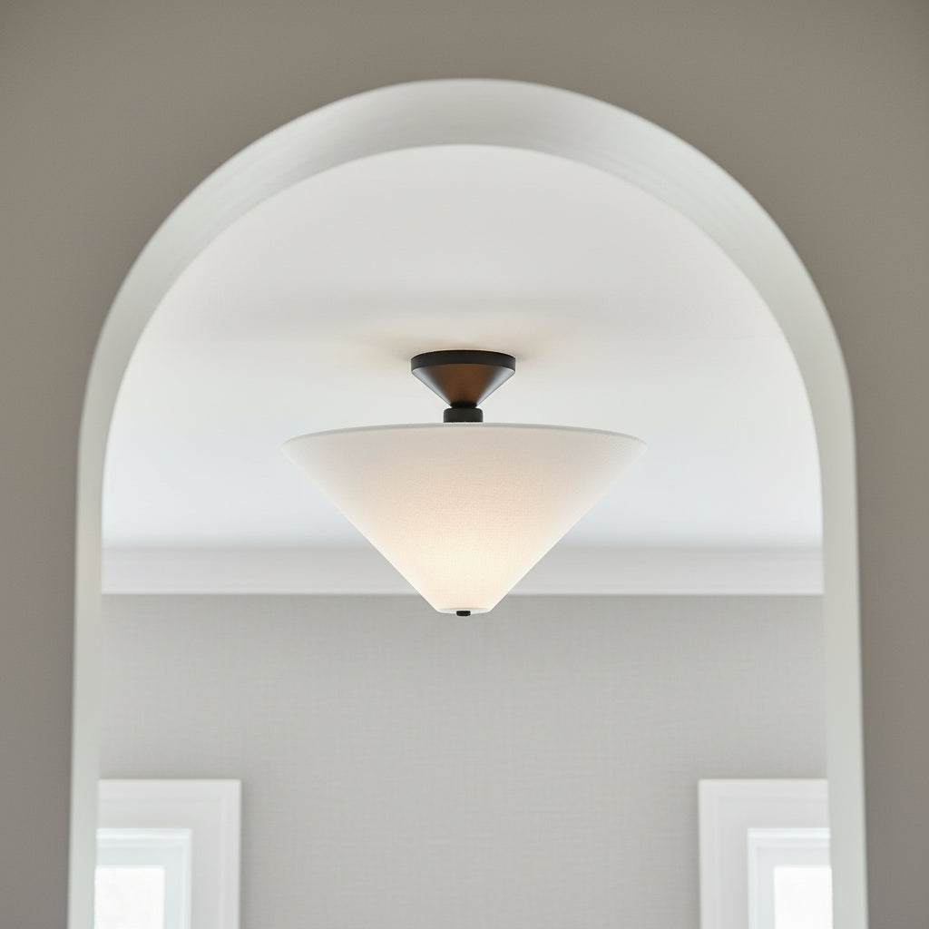 Sabina Semi-Flush Mount 16" Matte Black with Linen Shade for Modern home with White Siding